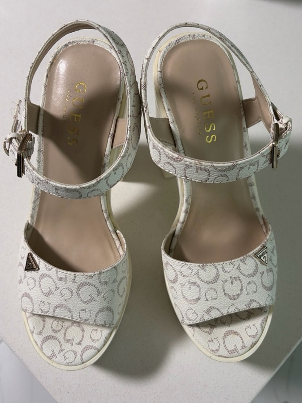 GUESS Cream Logo Slingback Sandals with Gold Accents